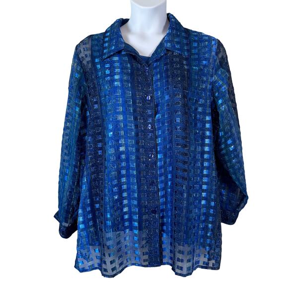 Vintage 90s Sheer Blue Metallic Check Plaid Button Up Blouse Shirt Top 1X - Picture 2 of 14